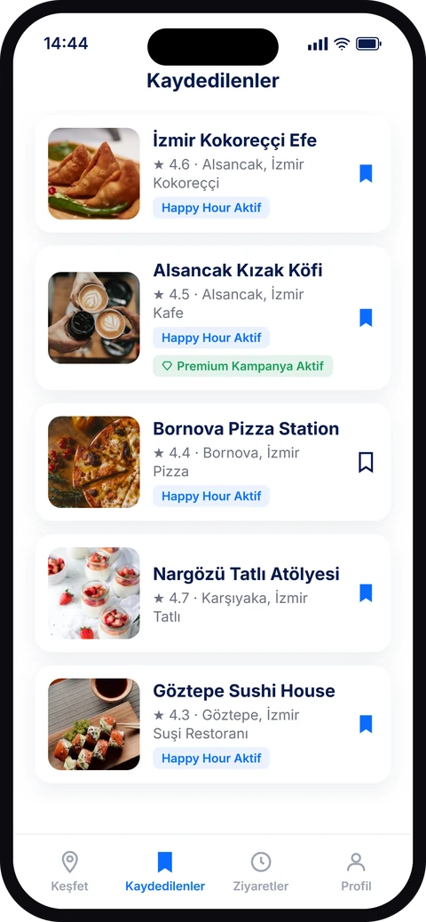 Vuqqa favoriler ekranı — kaydedilen kafe ve restoranlar