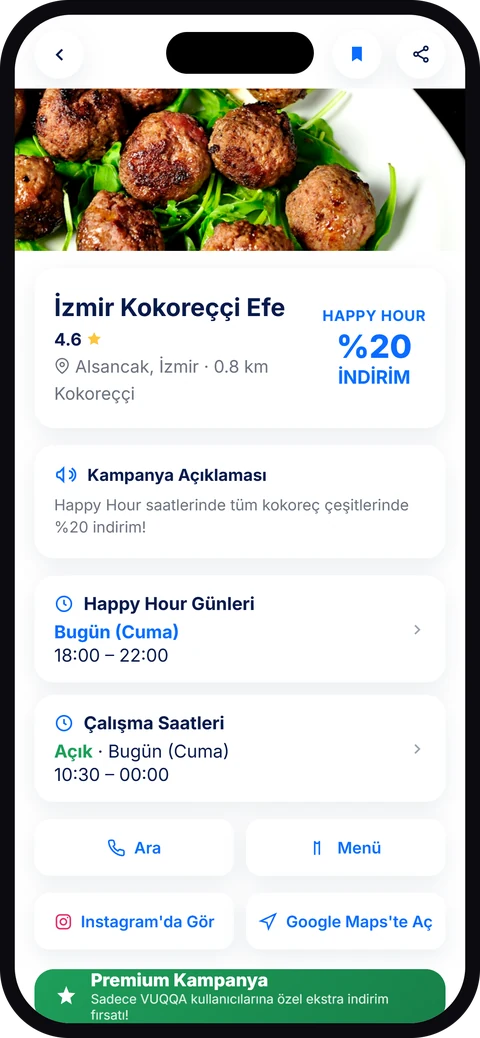 Vuqqa mekan detay ekranı — happy hour ve indirim bilgisi